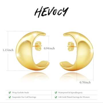 HEVOCY Chunky Gold Statement Earrings for Women Trendy：Chunky Hypoallergenic Large Cuff Earrings Gold Filled Hoop Earrings 14K Gold Filled Suspender Cuffs Lightweight Wrap Earlobe Studs Fashion Jewelry for Women
