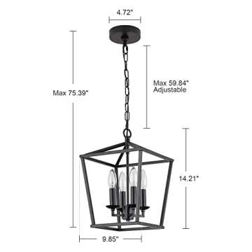 Farmhouse Black Pendant Light, Retro 4-Lights Candle Style Chandelier, Vintage Caged Pendant Lighting Fixture for Kitchen Island, Dining Room, Bedroom, Living Room, Hallway, Entry