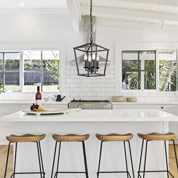 Farmhouse Black Pendant Light, Retro 4-Lights Candle Style Chandelier, Vintage Caged Pendant Lighting Fixture for Kitchen Island, Dining Room, Bedroom, Living Room, Hallway, Entry