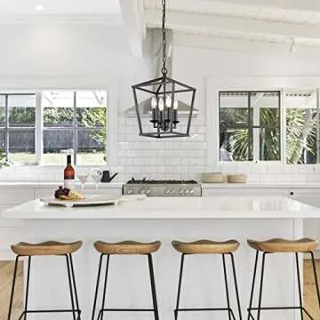 Farmhouse Black Pendant Light, Retro 4-Lights Candle Style Chandelier, Vintage Caged Pendant Lighting Fixture for Kitchen Island, Dining Room, Bedroom, Living Room, Hallway, Entry