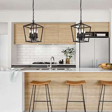 Farmhouse Black Pendant Light, Retro 4-Lights Candle Style Chandelier, Vintage Caged Pendant Lighting Fixture for Kitchen Island, Dining Room, Bedroom, Living Room, Hallway, Entry