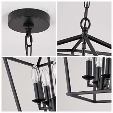 Farmhouse Black Pendant Light, Retro 4-Lights Candle Style Chandelier, Vintage Caged Pendant Lighting Fixture for Kitchen Island, Dining Room, Bedroom, Living Room, Hallway, Entry