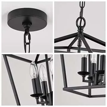 Farmhouse Black Pendant Light, Retro 4-Lights Candle Style Chandelier, Vintage Caged Pendant Lighting Fixture for Kitchen Island, Dining Room, Bedroom, Living Room, Hallway, Entry