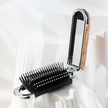 AsAlways Shiny Rhinestone Crystal Travel Hair Brush with Mirror Bling Diamonds Folding Hair Massage ...