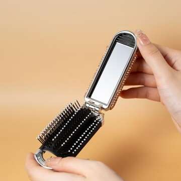 AsAlways Shiny Rhinestone Crystal Travel Hair Brush with Mirror Bling Diamonds Folding Hair Massage Comb Compact Portable Small Mini Hair Brush for Purse Wet & Dry Detangling(Gold)