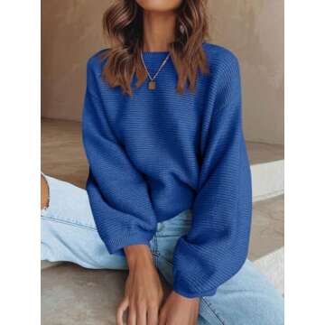 ARTFREE Womens Ribbed Knit Crewneck Sweater Oversized Lantern Sleeve Casual Loose Fall Winter Sweate...