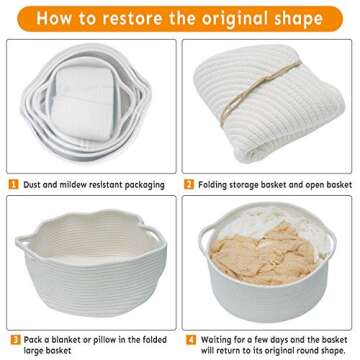 Storage Baskets Set of 5- Woven Basket Cotton Rope Bin, Small White Basket Organizer for Baby Nursery Laundry Kid's Toy Neutral Color