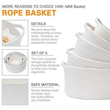 Storage Baskets Set of 5- Woven Basket Cotton Rope Bin, Small White Basket Organizer for Baby Nursery Laundry Kid's Toy Neutral Color