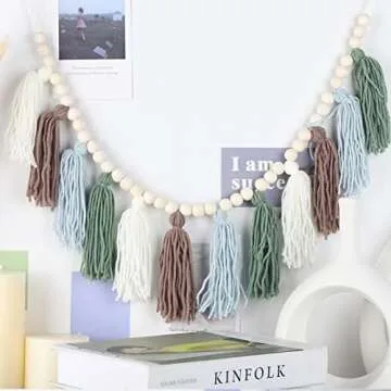 Tassel Garland with Wood Beads Boho Cotton Tassel Banner Wall Hangings Decor，Birthday Christmas Party Decor,Bedroom, Nursery, Play Room, Dorm Room, Baby Shower, Classroom School Party Room Decor