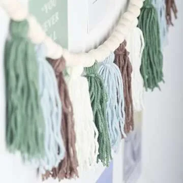 Tassel Garland with Wood Beads Boho Cotton Tassel Banner Wall Hangings Decor，Birthday Christmas Party Decor,Bedroom, Nursery, Play Room, Dorm Room, Baby Shower, Classroom School Party Room Decor
