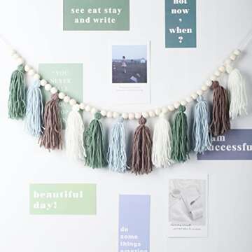 Tassel Garland with Wood Beads Boho Cotton Tassel Banner Wall Hangings Decor，Birthday Christmas Party Decor,Bedroom, Nursery, Play Room, Dorm Room, Baby Shower, Classroom School Party Room Decor