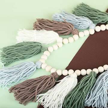 Tassel Garland with Wood Beads Boho Cotton Tassel Banner Wall Hangings Decor，Birthday Christmas Party Decor,Bedroom, Nursery, Play Room, Dorm Room, Baby Shower, Classroom School Party Room Decor