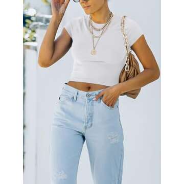 REORIA Women's Summer Cute Short Sleeve High Neck Double Lined Tight Casual Basic T Shirts Yoga Crop Tops Tees White X-Large