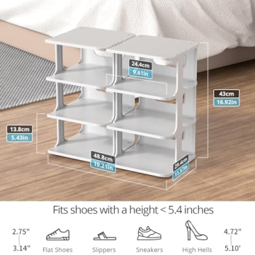 ZOINLIY Stackable Shoe Rack for Closet, 4 Tiers 2 Columns Shoe Rack Organizer for Bedroom, Entryway, Dorm Rooms, Grey Free Standing Shoe Storage Shelf, Plastic Shoe Cubby for Small Space