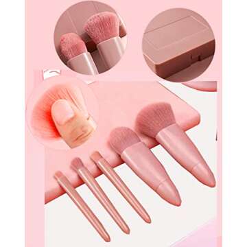 Golbylicc Travel Size Makeup Brushes Set Mini Makeup Brushes, Small Complete Function Cosmetic Brushes Kit with Case and Mirror Perfect for On The Go, 5PC (Mini Pink)