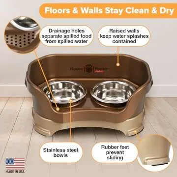 Neater Feeder Deluxe Mess Proof Dog Bowls Elevated for Small Breeds – Made in USA – No Spill Raised Dog Food Bowl Stand – Stainless Steel Dog Food and Water Bowl Set – Non-Tip & Non-Skid – Bronze