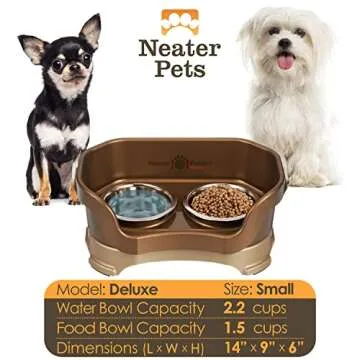 Neater Feeder Deluxe Mess Proof Dog Bowls Elevated for Small Breeds – Made in USA – No Spill Raised Dog Food Bowl Stand – Stainless Steel Dog Food and Water Bowl Set – Non-Tip & Non-Skid – Bronze