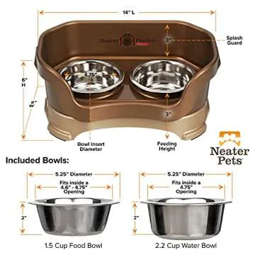 Neater Feeder Deluxe Mess Proof Dog Bowls Elevated for Small Breeds – Made in USA – No Spill Raised Dog Food Bowl Stand – Stainless Steel Dog Food and Water Bowl Set – Non-Tip & Non-Skid – Bronze