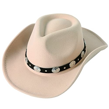 Lanzom Unisex Felt Cowboy Hat with Adjustable Strap in Beige