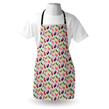 Lunarable Colorful Apron, Macarons in Watercolors on Background with Polka Dots Delicious Pastries Pattern, Unisex Kitchen Bib with Adjustable Neck for Cooking Gardening, Adult Size, Seafoam
