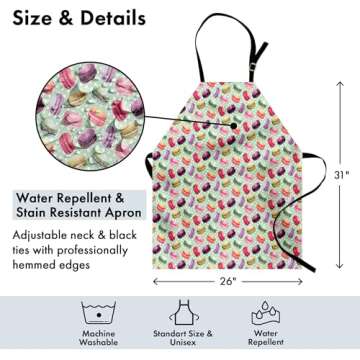 Lunarable Colorful Apron, Macarons in Watercolors on Background with Polka Dots Delicious Pastries Pattern, Unisex Kitchen Bib with Adjustable Neck for Cooking Gardening, Adult Size, Seafoam