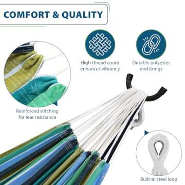 Vivere Double Cotton Hammock with Space Saving Steel Stand, Upgraded Polyester End Strings 450 lb Capacity - Premium Carry Bag Included - USA Grown Cotton (Cayo Reef)