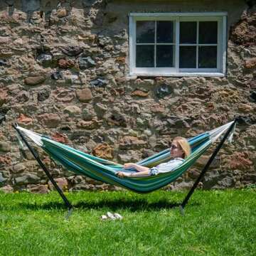 Vivere Double Cotton Hammock with Space Saving Steel Stand, Upgraded Polyester End Strings 450 lb Capacity - Premium Carry Bag Included - USA Grown Cotton (Cayo Reef)