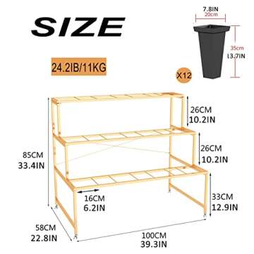 Flower Display Stand With 12PCS Buckets, 3 Layers Metal Plant Stand with Wheels, Heavy Duty Moving P...