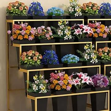 Flower Display Stand With 12PCS Buckets, 3 Layers Metal Plant Stand with Wheels, Heavy Duty Moving Plant Cart Shelf, for Indoor, Outdoor Patio Garden, Living Room, Florist (Black - Square Bucket)