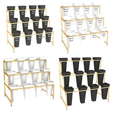 Flower Display Stand With 12PCS Buckets, 3 Layers Metal Plant Stand with Wheels, Heavy Duty Moving Plant Cart Shelf, for Indoor, Outdoor Patio Garden, Living Room, Florist (Black - Square Bucket)