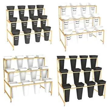 Flower Display Stand With 12PCS Buckets, 3 Layers Metal Plant Stand with Wheels, Heavy Duty Moving Plant Cart Shelf, for Indoor, Outdoor Patio Garden, Living Room, Florist (Black - Square Bucket)