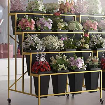 Flower Display Stand With 12PCS Buckets, 3 Layers Metal Plant Stand with Wheels, Heavy Duty Moving Plant Cart Shelf, for Indoor, Outdoor Patio Garden, Living Room, Florist (Black - Square Bucket)