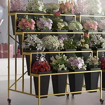 Flower Display Stand With 12PCS Buckets, 3 Layers Metal Plant Stand with Wheels, Heavy Duty Moving Plant Cart Shelf, for Indoor, Outdoor Patio Garden, Living Room, Florist (Black - Square Bucket)