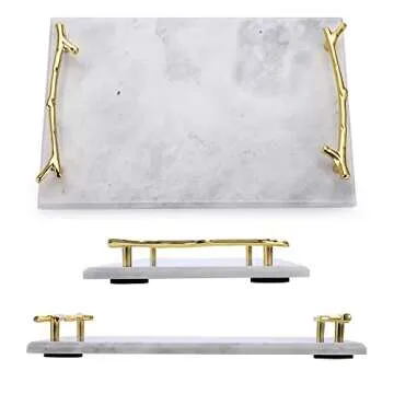 Hipiwe Natural Marble Stone Decorative Tray with Handle Handmade Vanity Organizer Tray Perfume Tray Catchall Tray for Bathroom Dresser Coffee Table Home Decor (12 x 8 inch) (Light Gray)