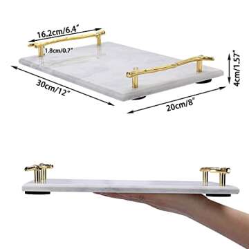 Hipiwe Natural Marble Stone Decorative Tray with Handle Handmade Vanity Organizer Tray Perfume Tray Catchall Tray for Bathroom Dresser Coffee Table Home Decor (12 x 8 inch) (Light Gray)