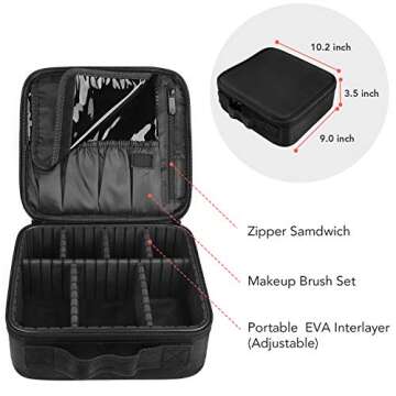 Makeup Travel Case with Adjustable Dividers and Brushes