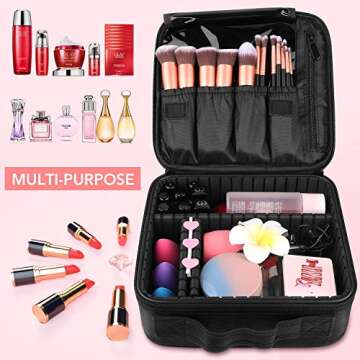 Makeup Travel Case with Adjustable Dividers and Brushes
