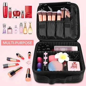 Makeup Travel Case with Adjustable Dividers and Brushes