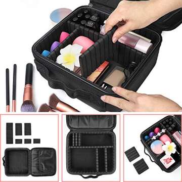 Makeup Travel Case with Adjustable Dividers and Brushes