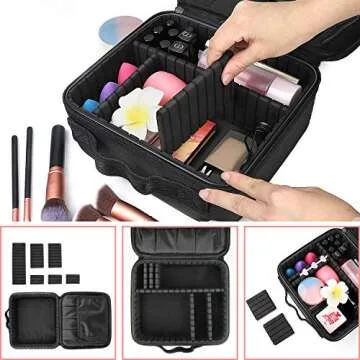 Makeup Travel Case with Adjustable Dividers and Brushes