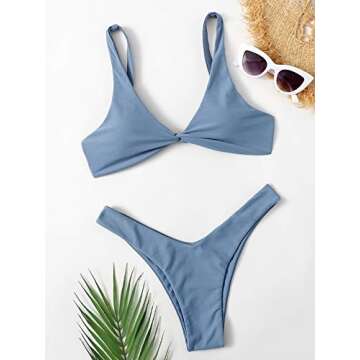 Verdusa Women's Twist Front High Cut Thong Two Piece Bikini Set Swimsuit Slate Blue S