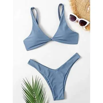 Verdusa Women's Twist Front High Cut Thong Two Piece Bikini Set Swimsuit Slate Blue S