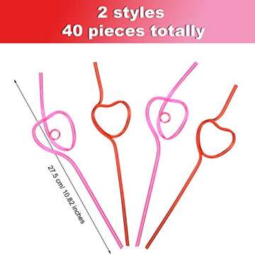 40 Pieces Valentines Plastic Straws Heart Shaped Drinking Straws Decorative Heart Straws for Valenti...