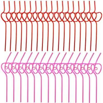 40 Pieces Valentines Plastic Straws Heart Shaped Drinking Straws Decorative Heart Straws for Valentine's Day Wedding Party Supplies, Red and Pink
