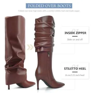 Vaslemuse Womens Fold Over Knee High Boots Stiletto High Heel Slouchy Tall Boots Pointed Toe Sexy Lo...