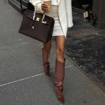 Vaslemuse Womens Fold Over Knee High Boots Stiletto High Heel Slouchy Tall Boots Pointed Toe Sexy Long Boots Fashion Dress Shoes with Side Zipper - Brown 8