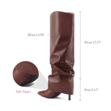 Vaslemuse Womens Fold Over Knee High Boots Stiletto High Heel Slouchy Tall Boots Pointed Toe Sexy Long Boots Fashion Dress Shoes with Side Zipper - Brown 8