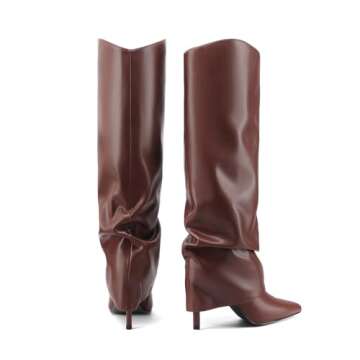 Vaslemuse Womens Fold Over Knee High Boots Stiletto High Heel Slouchy Tall Boots Pointed Toe Sexy Long Boots Fashion Dress Shoes with Side Zipper - Brown 8