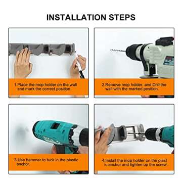 Noiclub Aluminum Broom Mop Holder,Broom and Mop Holder Wall Mounted Racks,Garden Kitchen Tool Organizer Wall Hanger for Home Goods (4 Slots 4 Hooks, Silver)