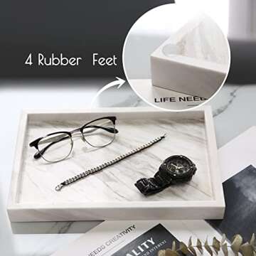 HERFECEAL 100% Natural Marble Tray, Volakas Marble Tray for Bathroom Kitchen Coffee Table Marble Vanity Serving Tray Storage Decorative Perfume Tray for Jewelry Cosmetic Organizer 12"x 8"x1.2"